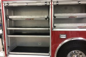 side of truck showing shelves